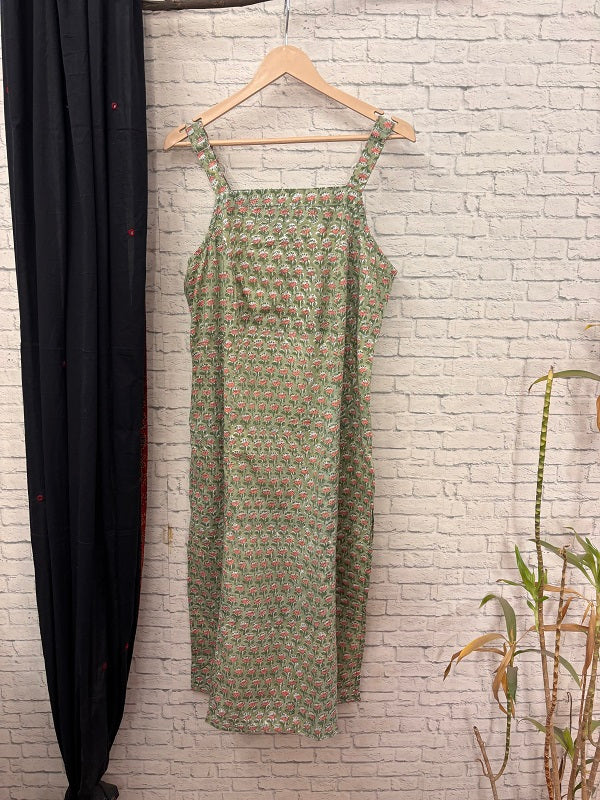 Green Pink Hand Block Printed Strap Kurta