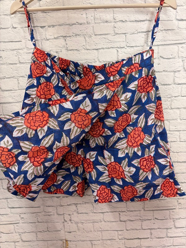 Blue Red Floral Hand Block Printed Skorts