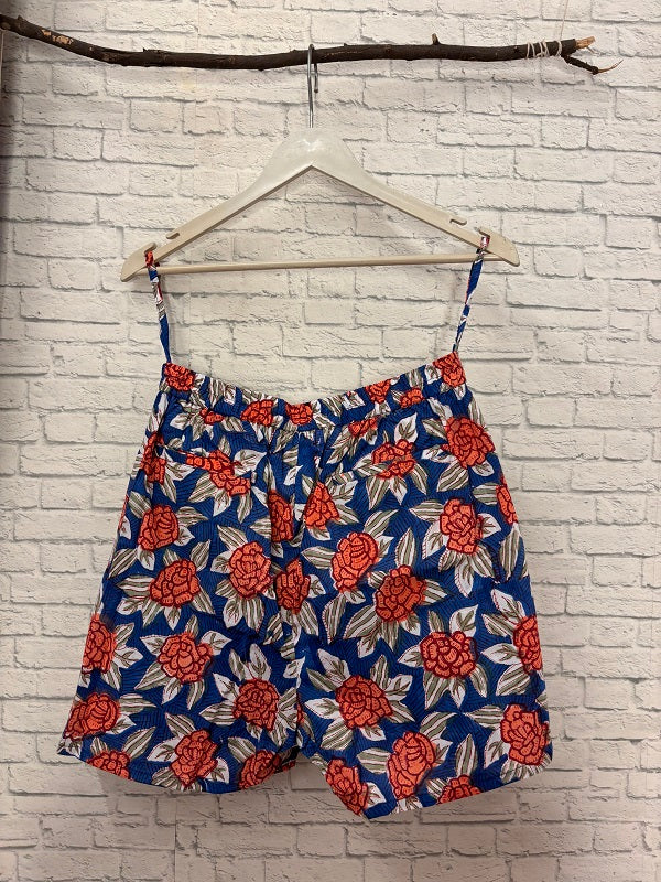 Blue Red Floral Hand Block Printed Skorts