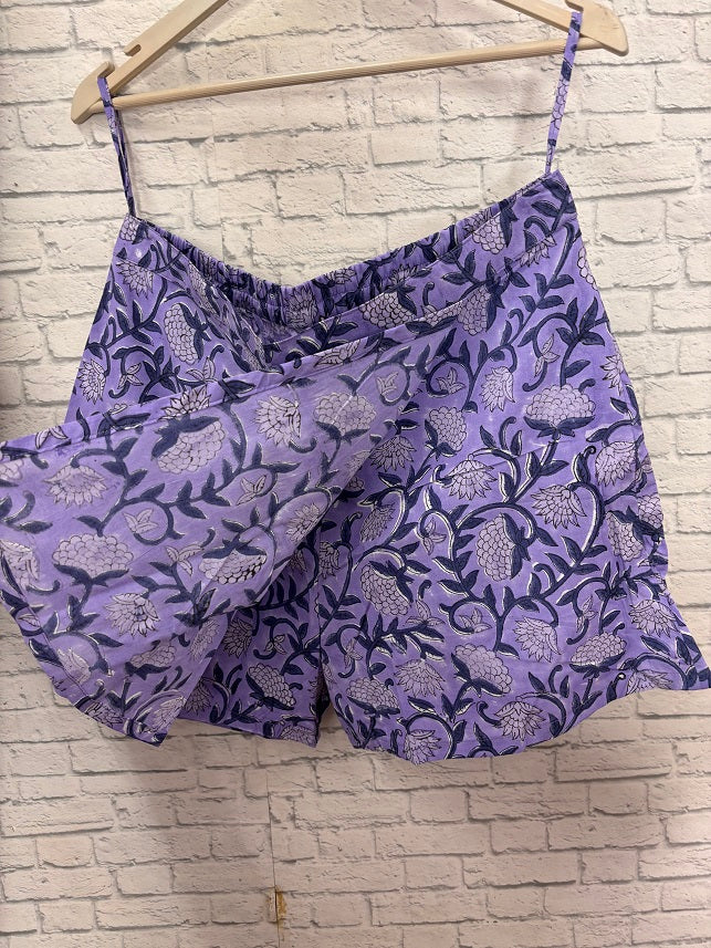 Purple Floral Hand Block Printed Skorts