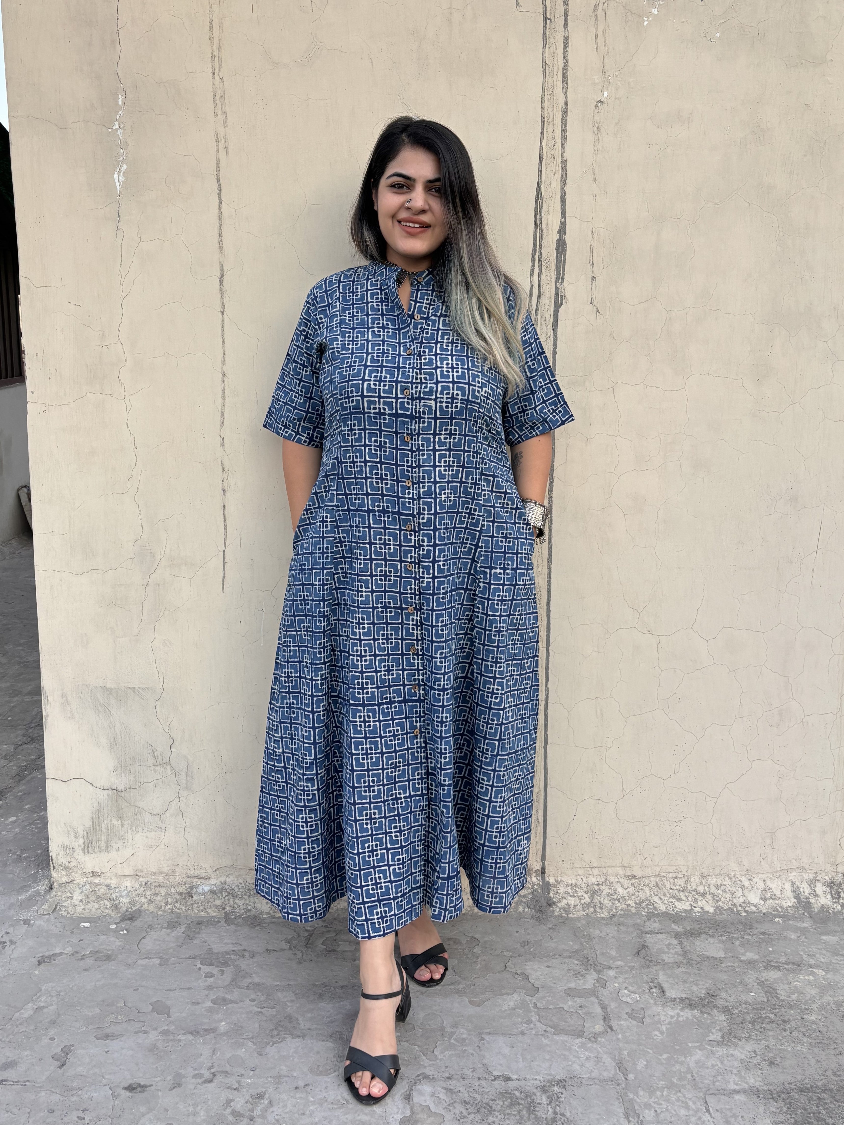 Neel Handblock Printed A Line Maxi Shirt Dress Neel Handblock Printed A Line Maxi Shirt Dress