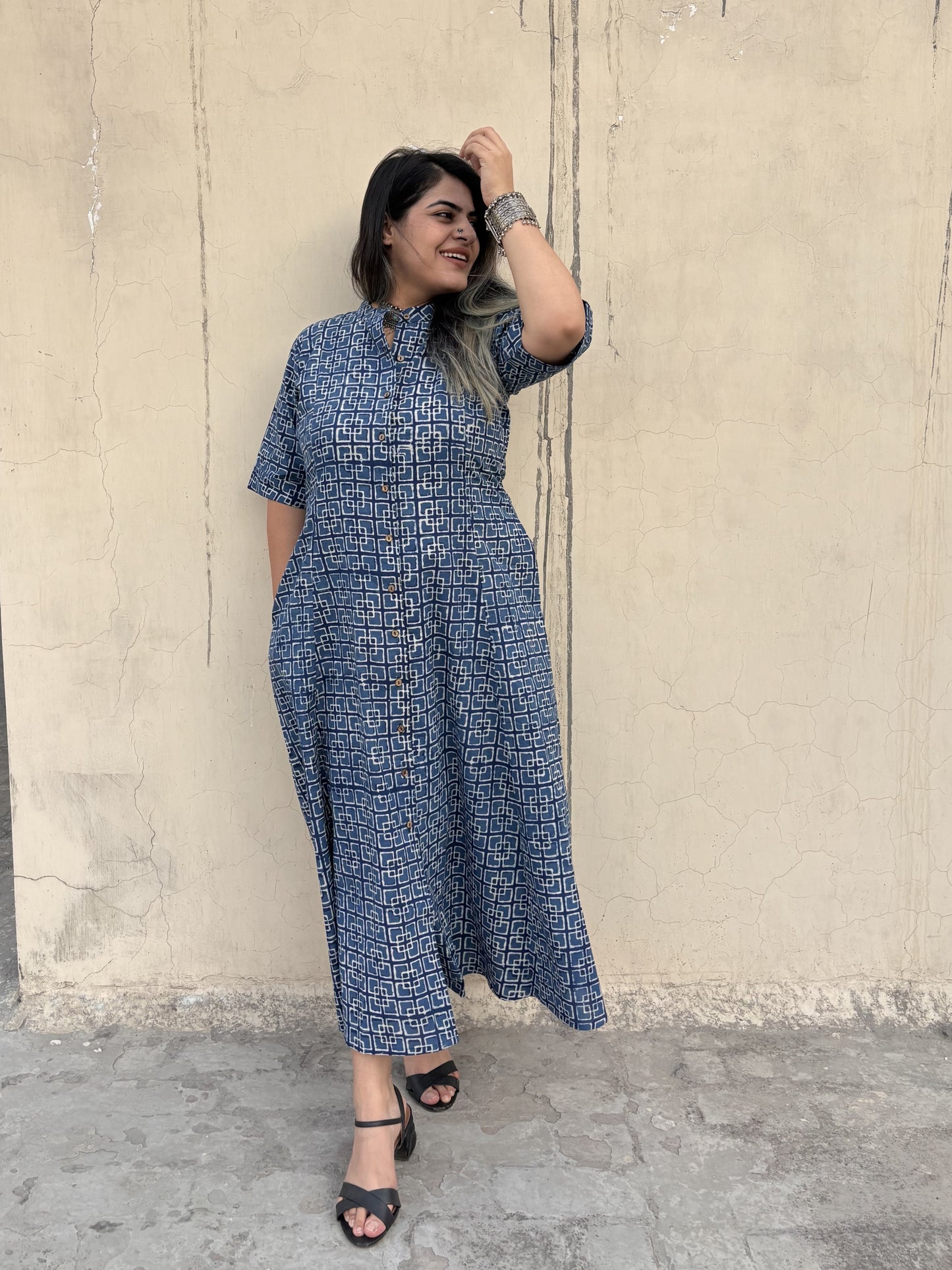 Neel Handblock Printed A Line Maxi Shirt Dress