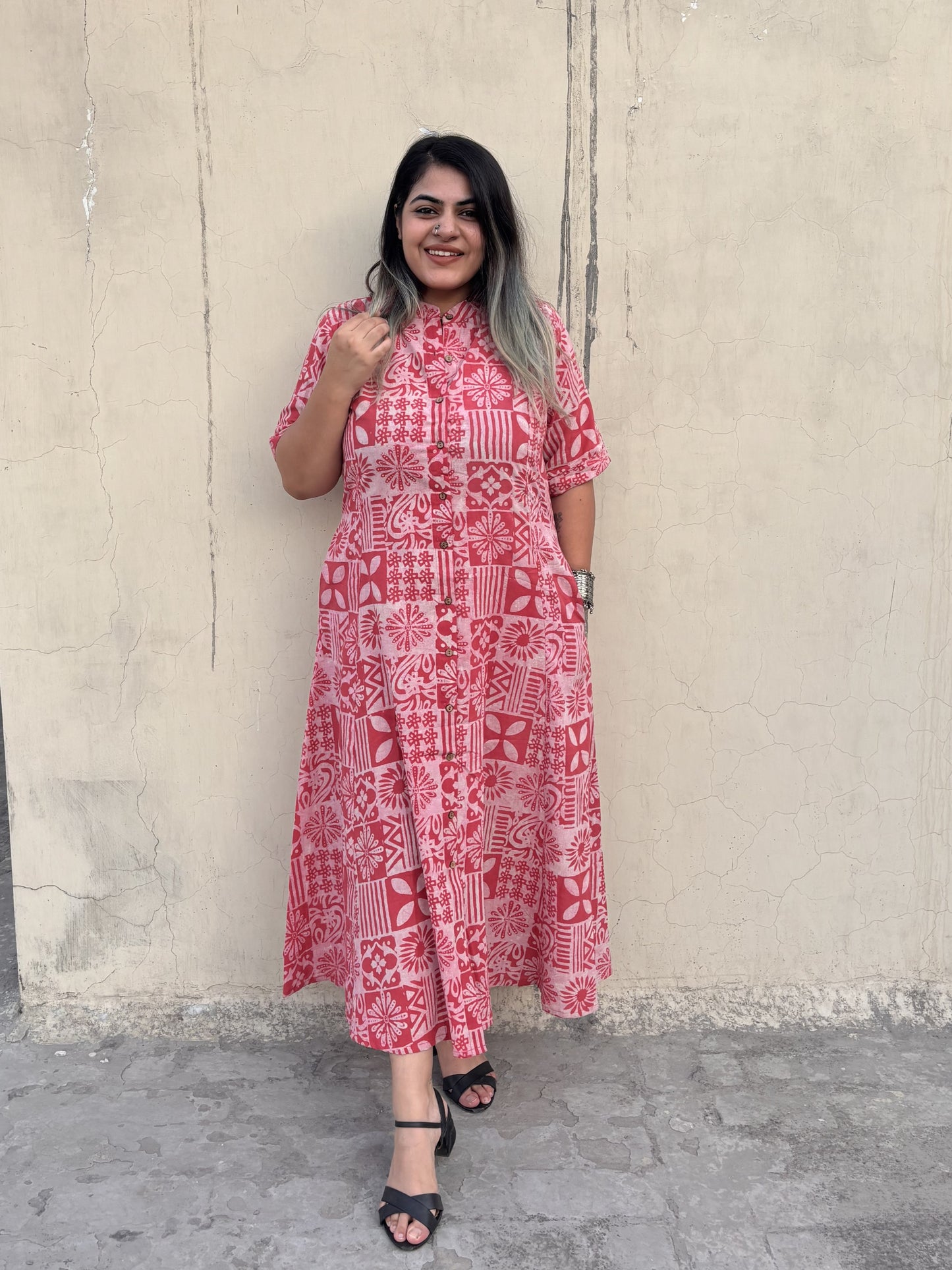 Pink Tiles Hand Block Printed A Line Maxi Shirt Dress