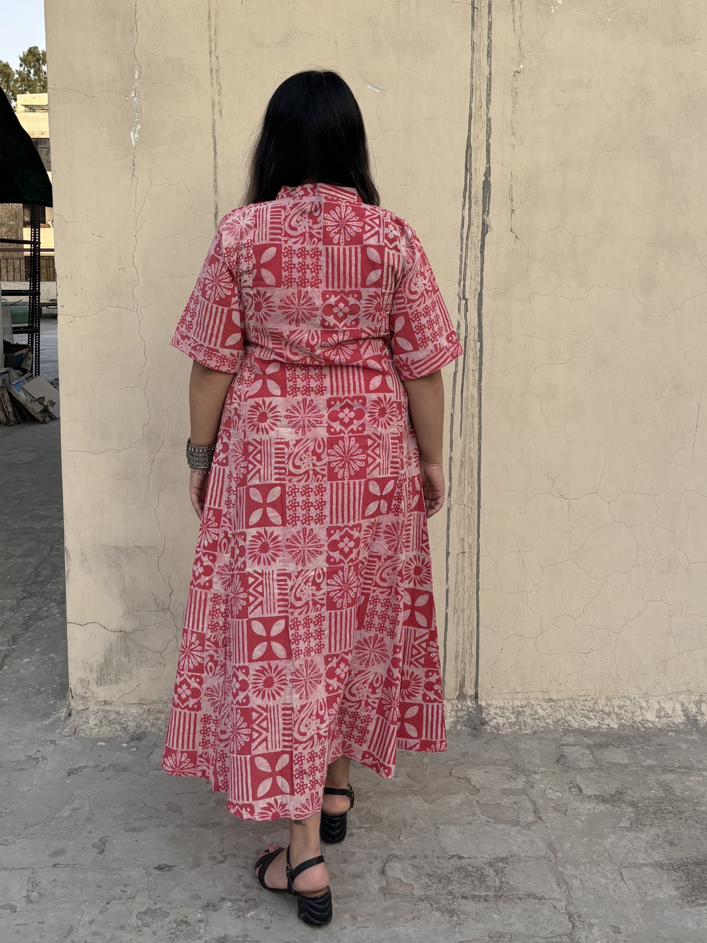 Pink Tiles Hand Block Printed A Line Maxi Shirt Dress