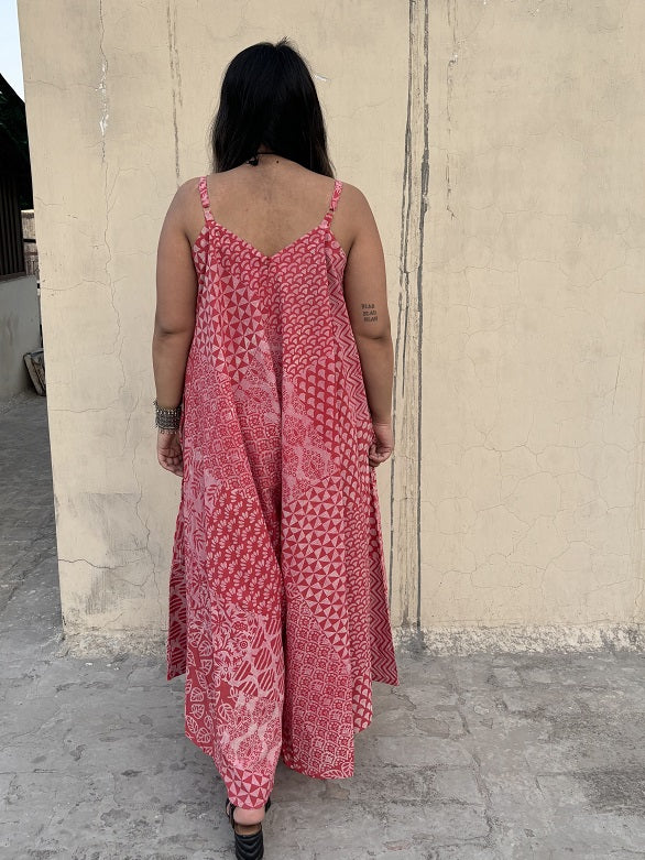 Pink Patch Hand Block Printed Floral Flared Jumpsuit