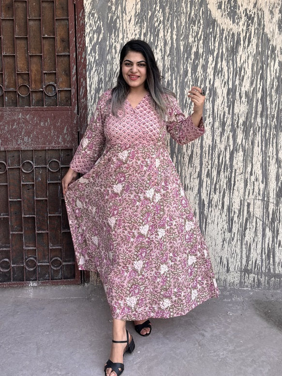 Jamun Hand Block Printed A Line Maxi Patch Dress