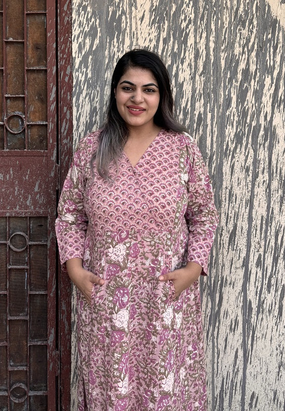 Jamun Hand Block Printed A Line Maxi Patch Dress
