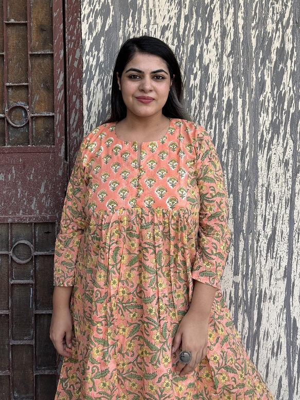 Salmon Hand Block Printed Midi Dress with Gathers