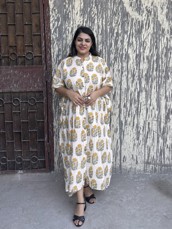 White Yellow Mughal Hand Block Printed High Low Long Shirt Kaftan