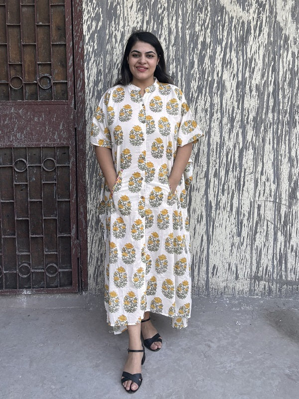 White Yellow Mughal Hand Block Printed High Low Long Shirt Kaftan
