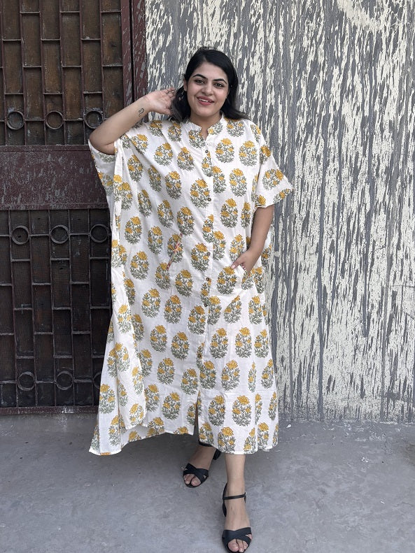 White Yellow Mughal Hand Block Printed High Low Long Shirt Kaftan