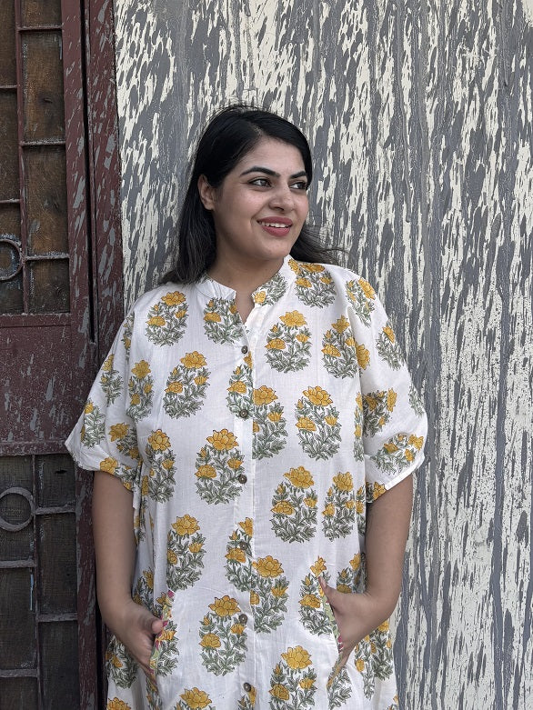 White Yellow Mughal Hand Block Printed High Low Long Shirt Kaftan