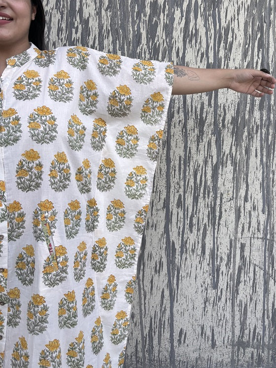 White Yellow Mughal Hand Block Printed High Low Long Shirt Kaftan