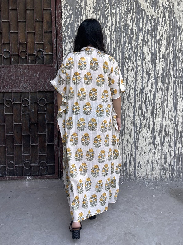 White Yellow Mughal Hand Block Printed High Low Long Shirt Kaftan