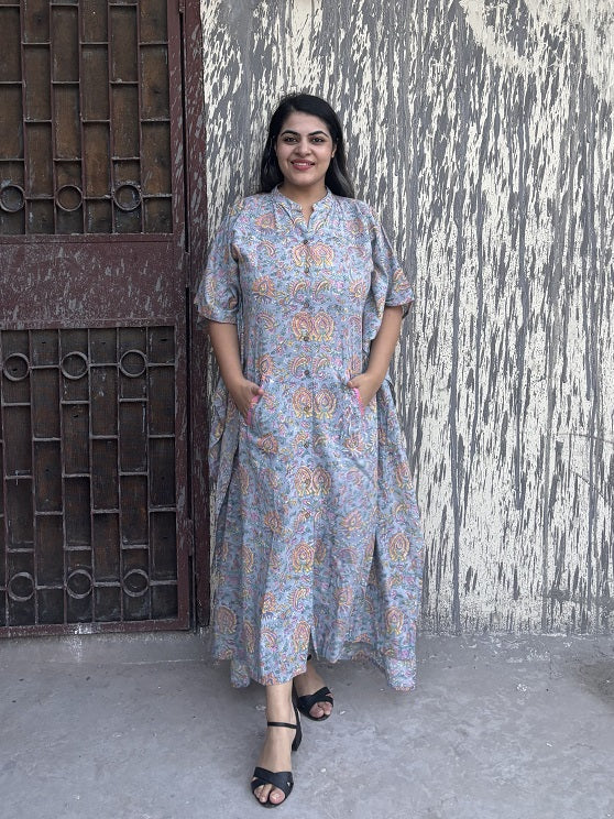 Grey Pink Hand Block Printed High Low Long Shirt Kaftan