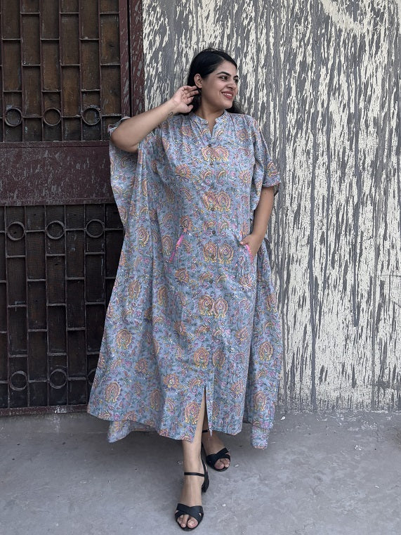 Grey Pink Hand Block Printed High Low Long Shirt Kaftan