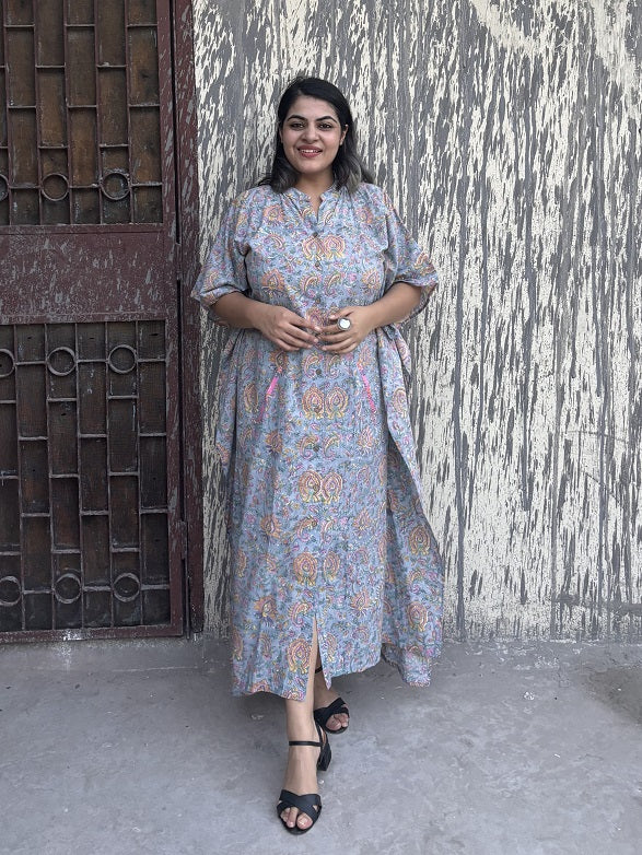 Grey Pink Hand Block Printed High Low Long Shirt Kaftan