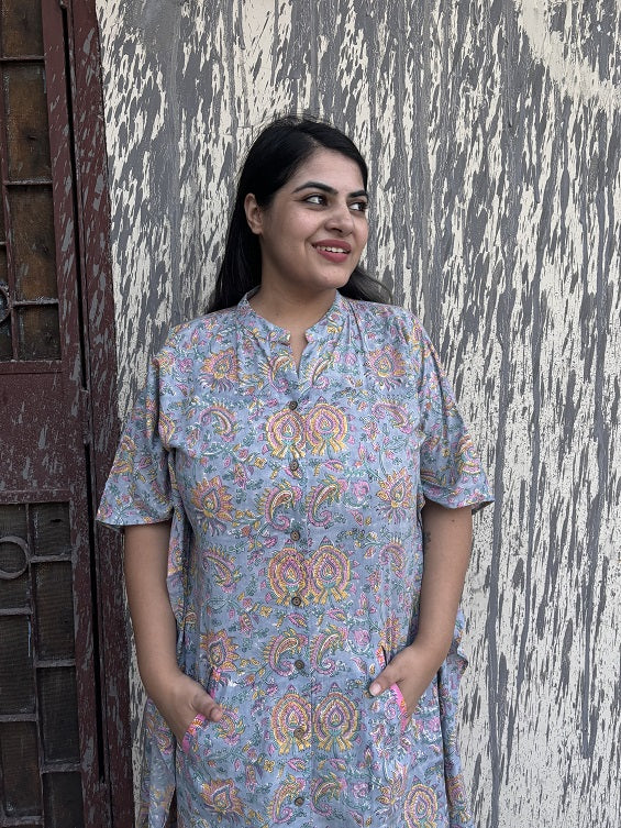 Grey Pink Hand Block Printed High Low Long Shirt Kaftan