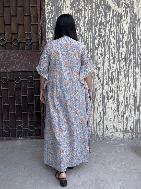 Grey Pink Hand Block Printed High Low Long Shirt Kaftan