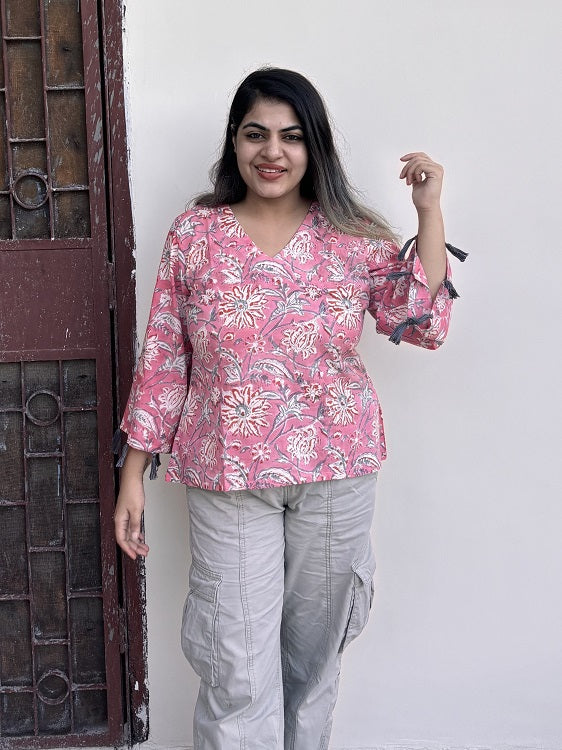 Pretty Pink Hand Block Printed Top with Bell Sleeves and Tassels