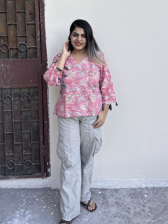 Pretty Pink Hand Block Printed Top with Bell Sleeves and Tassels