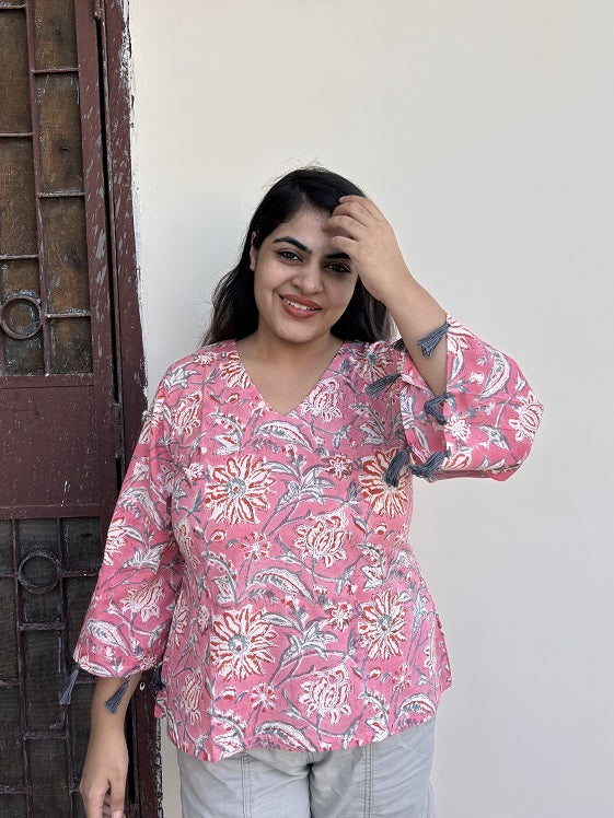 Pretty Pink Hand Block Printed Top with Bell Sleeves and Tassels