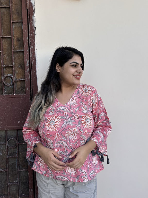 Pretty Pink Hand Block Printed Top with Bell Sleeves and Tassels