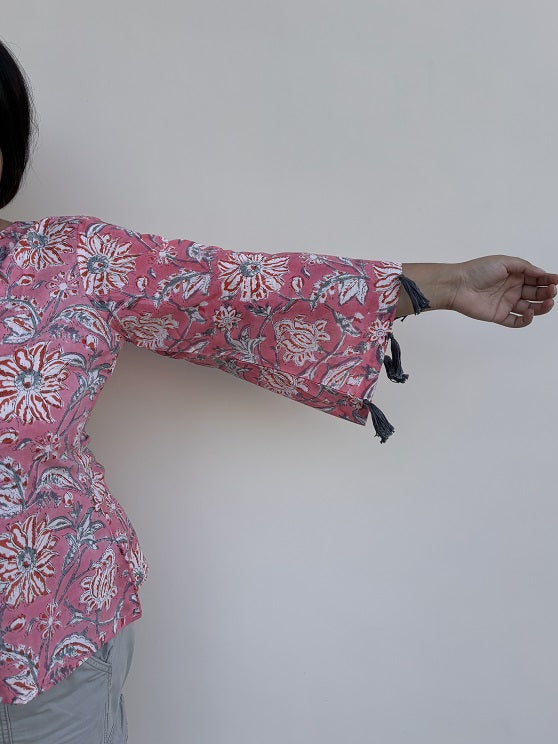 Pretty Pink Hand Block Printed Top with Bell Sleeves and Tassels