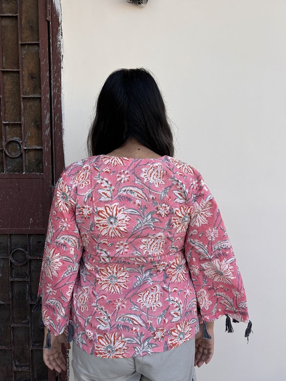 Pretty Pink Hand Block Printed Top with Bell Sleeves and Tassels