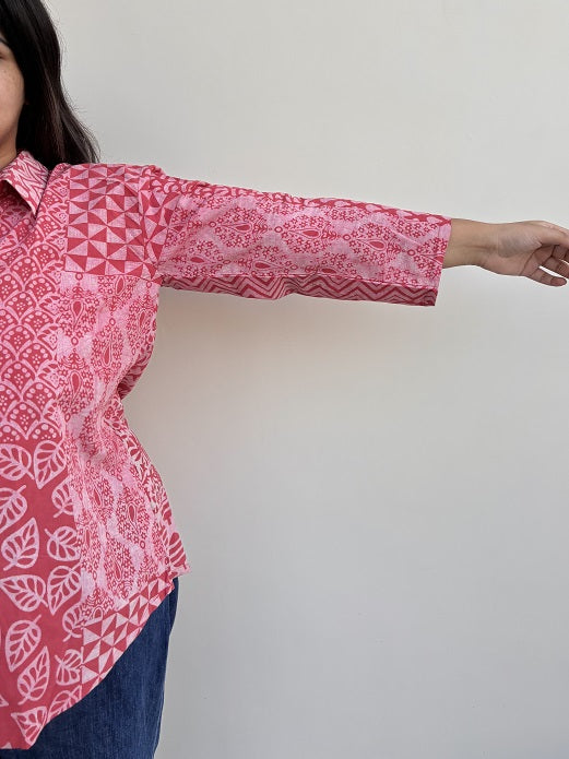 Pink White Patch Dabu A Line Relaxed Fit Collar Top