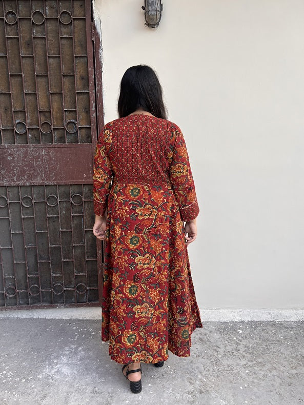 Tulip Hand Block Printed A Line Maxi Patch Dress with Gota Detailing