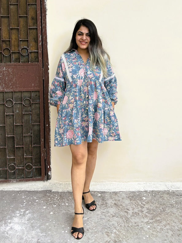 Hiya Tiered Short Dress with Lace Detailing and Collar