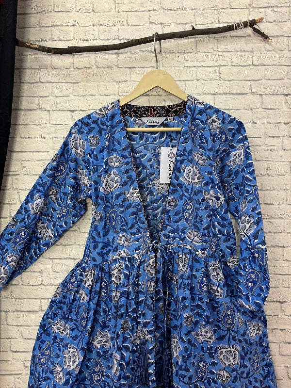 Blue Floral Hand Block Printed Shrug with Gathers