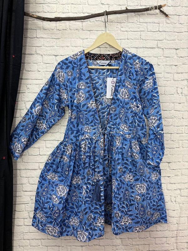 Blue Floral Hand Block Printed Shrug with Gathers