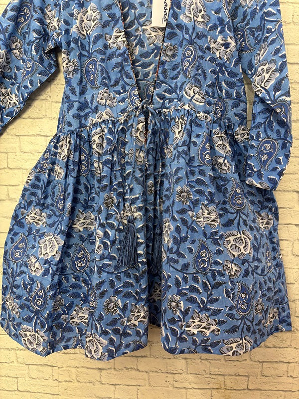 Blue Floral Hand Block Printed Shrug with Gathers