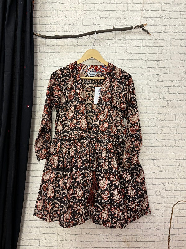 Black Kalamkari Hand Block Printed Shrug with Gathers