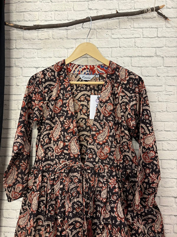 Black Kalamkari Hand Block Printed Shrug with Gathers