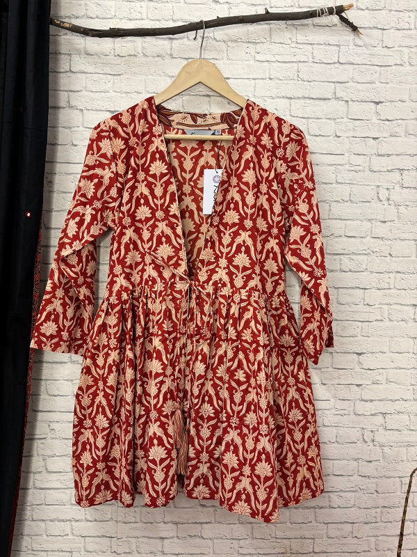 Red Bagru Hand Block Printed Shrug with Gathers