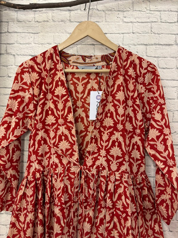Red Bagru Hand Block Printed Shrug with Gathers