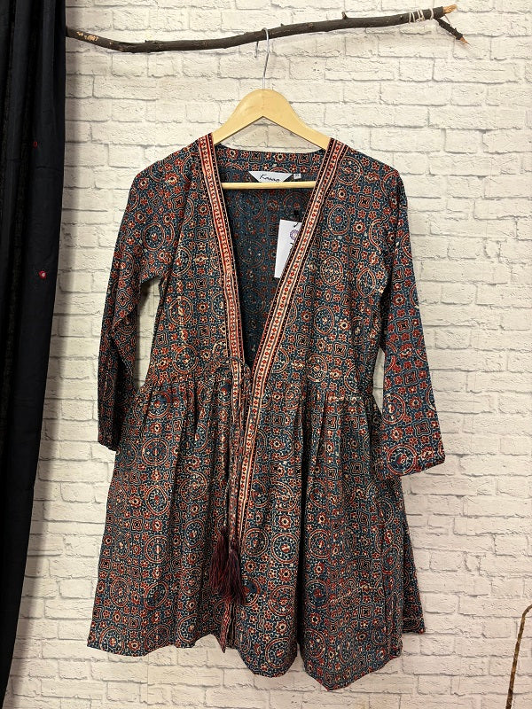 Indigo Red Ajrakh Hand Block Printed Shrug with Gathers