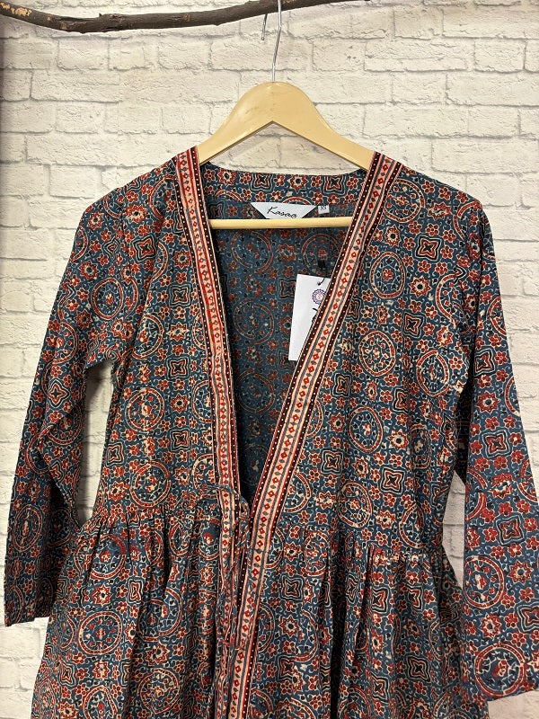 Indigo Red Ajrakh Hand Block Printed Shrug with Gathers