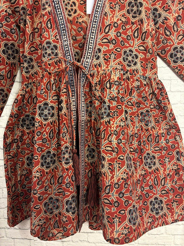 Red Floral Ajrakh Hand Block Printed Shrug with Gathers