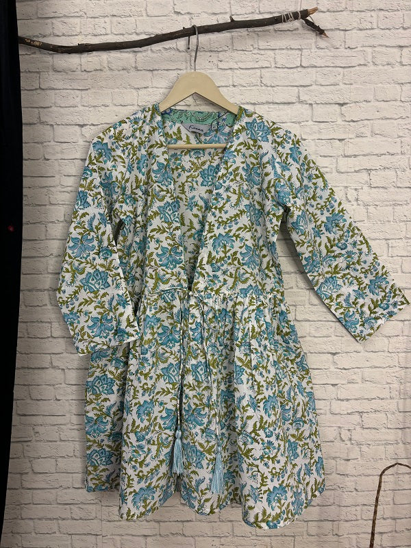 White Blue Floral Hand Block Printed Shrug with Gathers