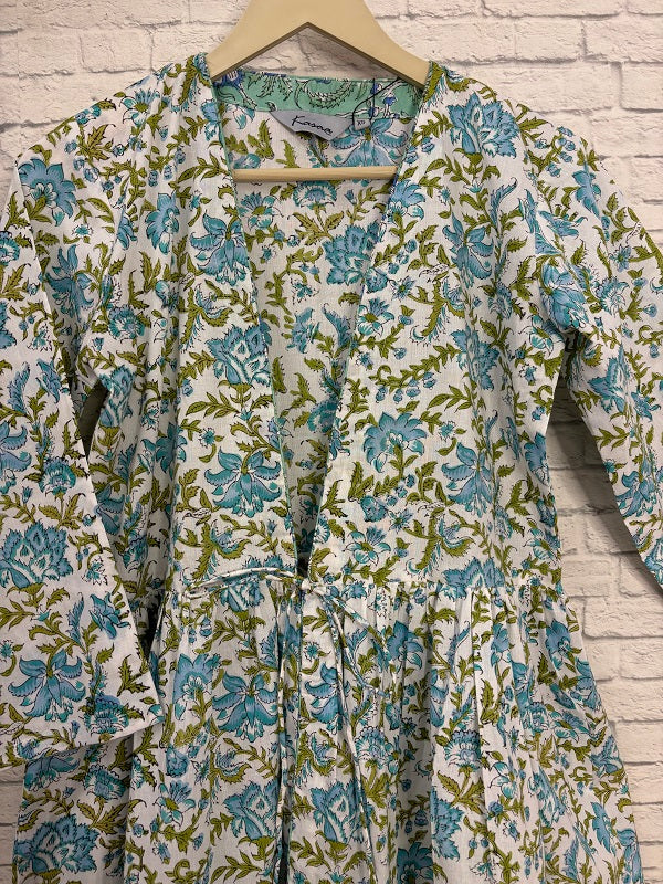 White Blue Floral Hand Block Printed Shrug with Gathers
