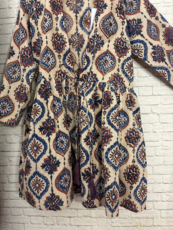 White Ajrakh Hand Block Printed Shrug with Gathers