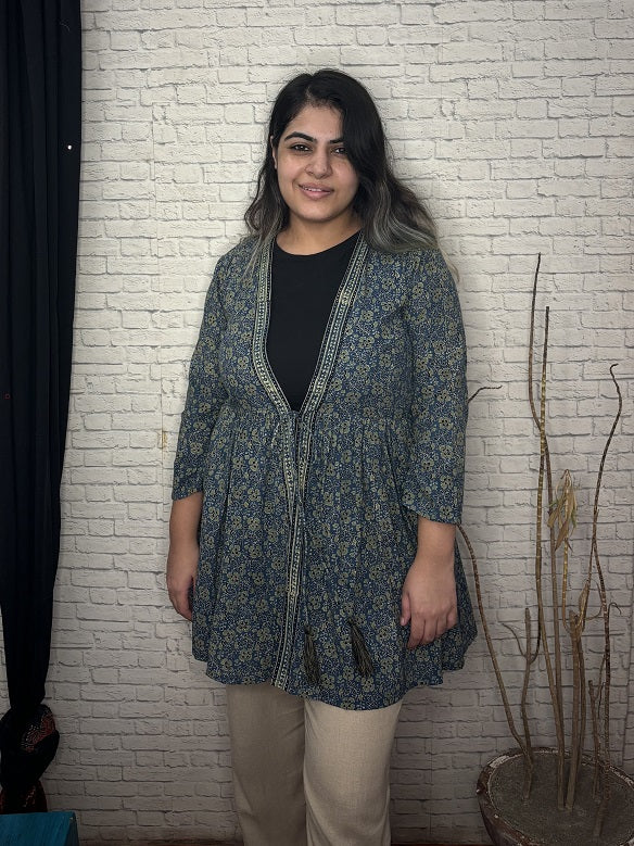 Indigo Green Ajrakh Hand Block Printed Shrug with Gathers