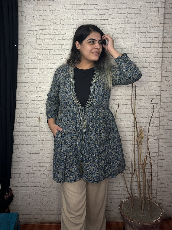 Indigo Green Ajrakh Hand Block Printed Shrug with Gathers
