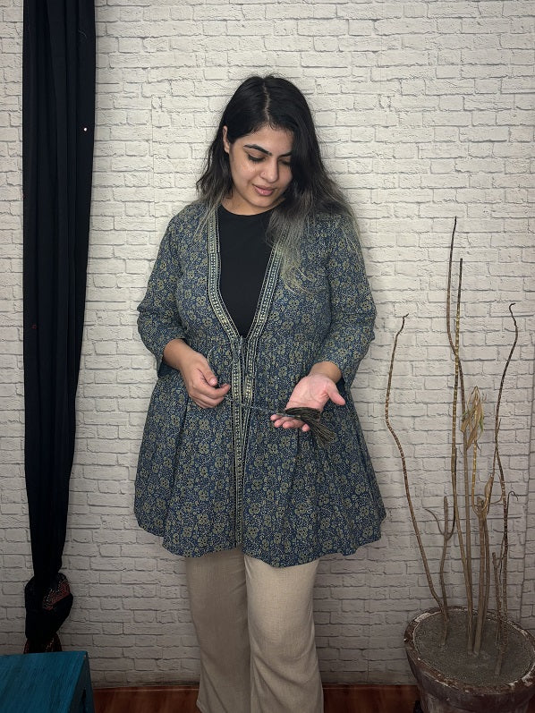 Indigo Green Ajrakh Hand Block Printed Shrug with Gathers