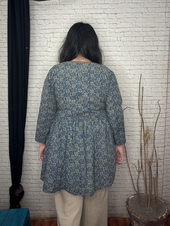 Indigo Green Ajrakh Hand Block Printed Shrug with Gathers