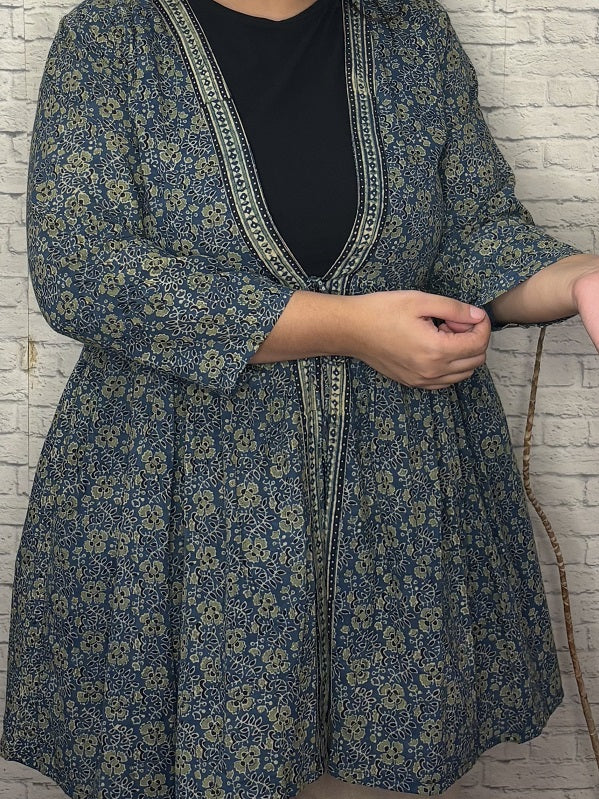 Indigo Green Ajrakh Hand Block Printed Shrug with Gathers